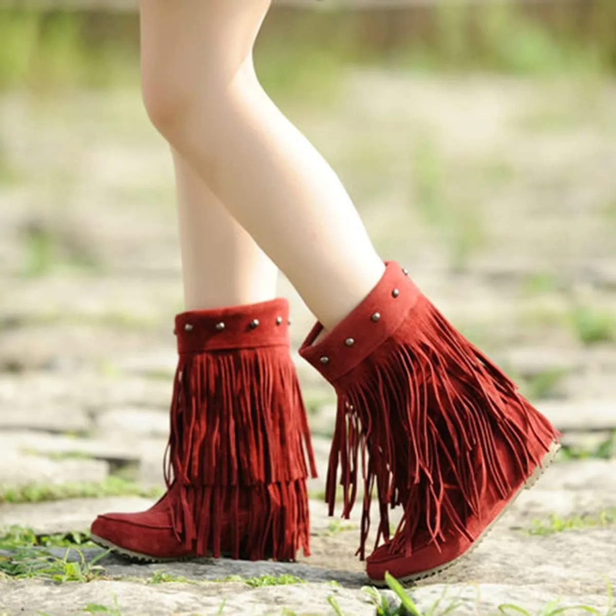 Roimaash Classic Double Fringe Moccasin Boots Mid Calf Women Flat