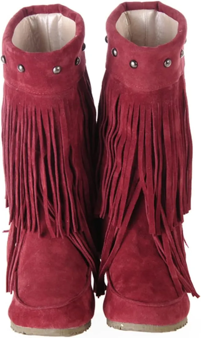 Roimaash Classic Double Fringe Moccasin Boots Mid Calf Women Flat