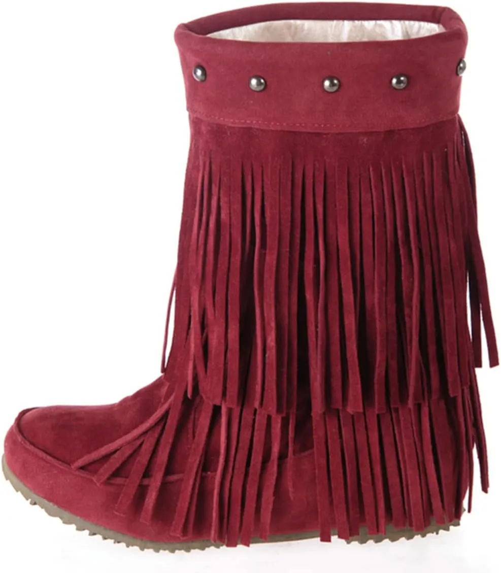 Roimaash Classic Double Fringe Moccasin Boots Mid Calf Women Flat