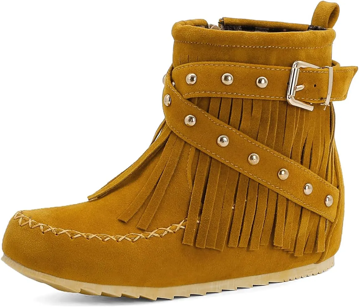 Roimaash Classic Fringe Moccasin Boots Ankle High Women Low Heel Booties