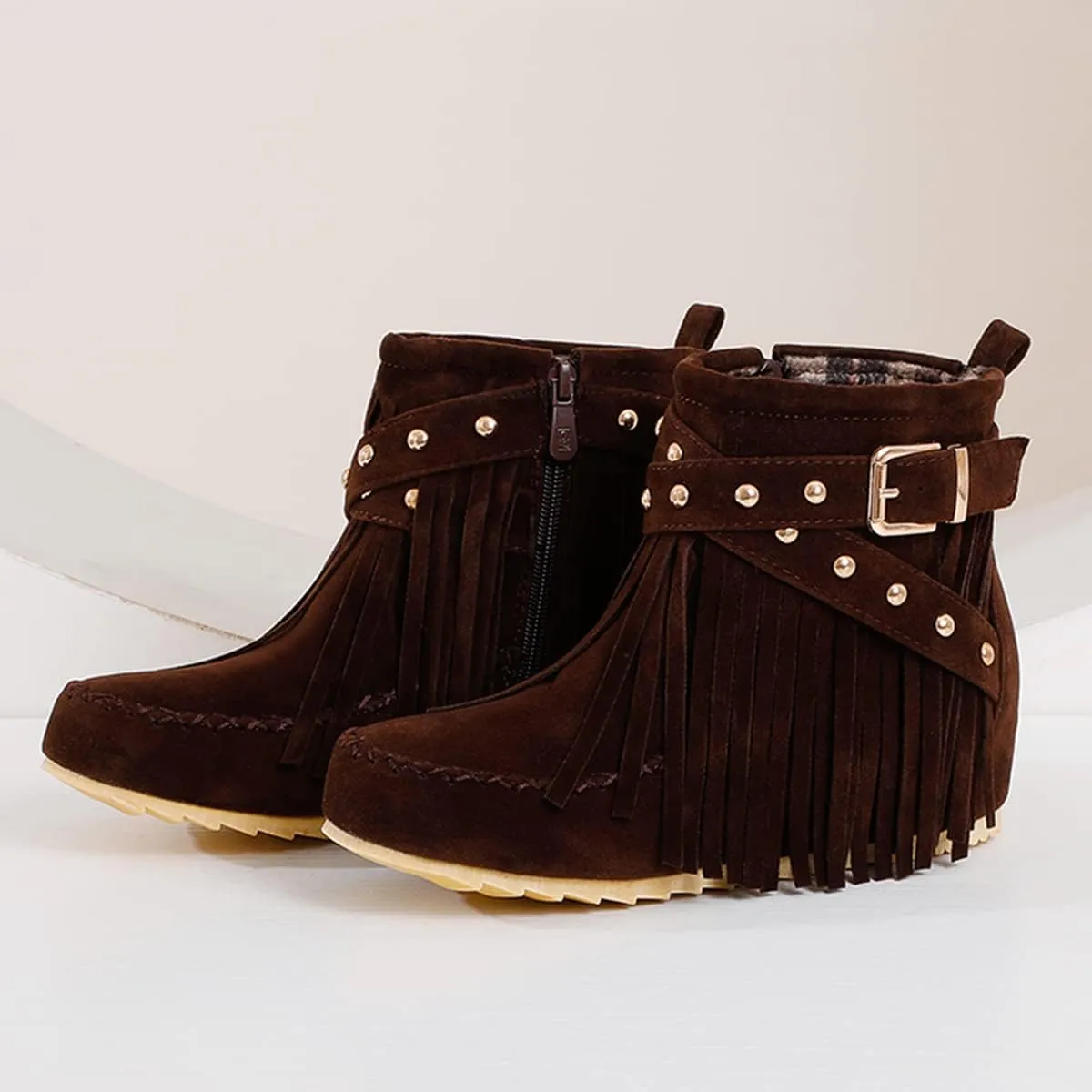 Roimaash Classic Fringe Moccasin Boots Ankle High Women Low Heel Booties