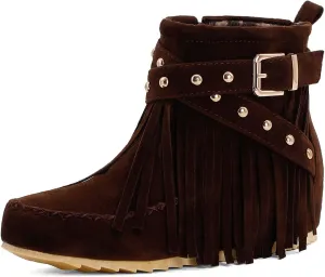Roimaash Classic Fringe Moccasin Boots Ankle High Women Low Heel Booties