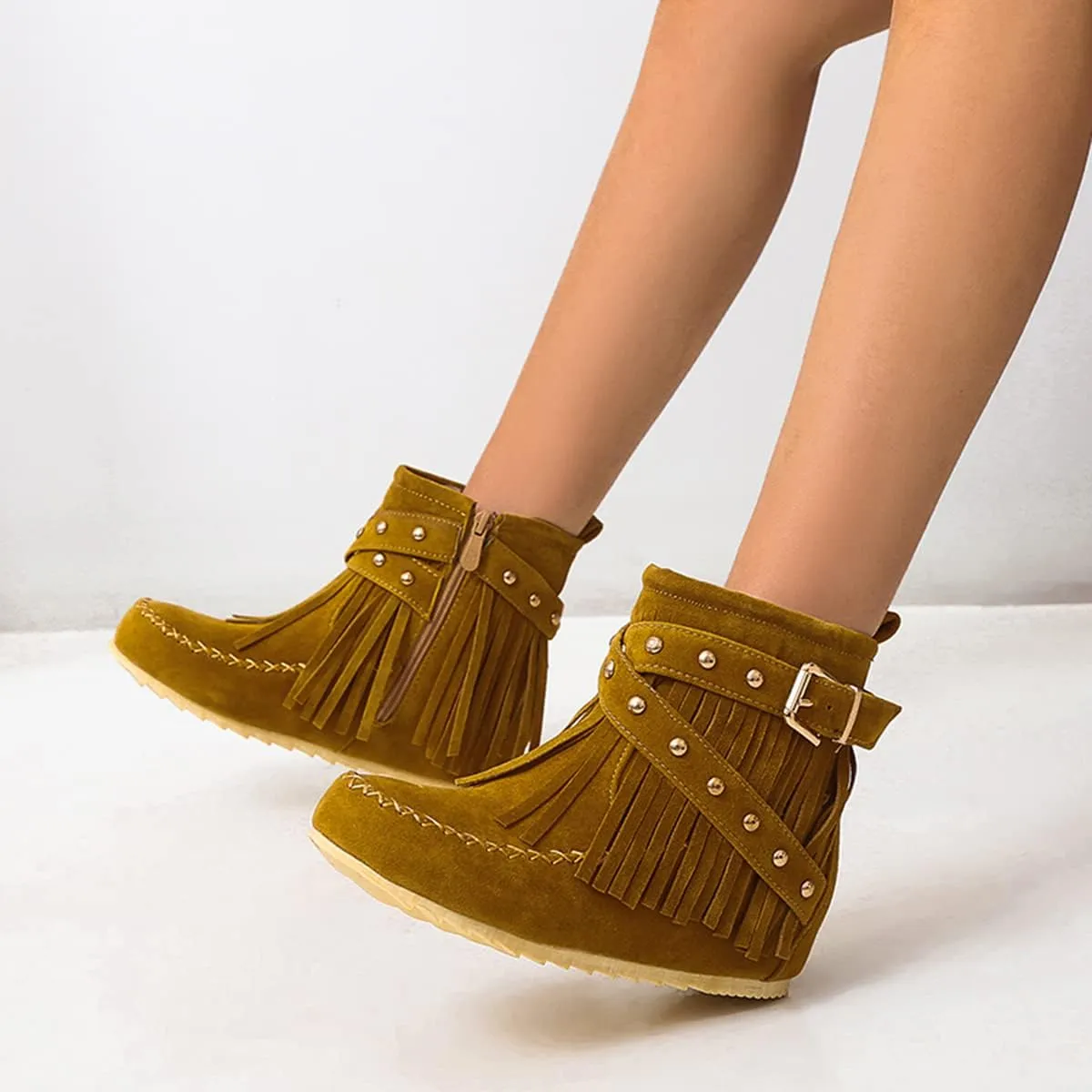 Roimaash Classic Fringe Moccasin Boots Ankle High Women Low Heel Booties