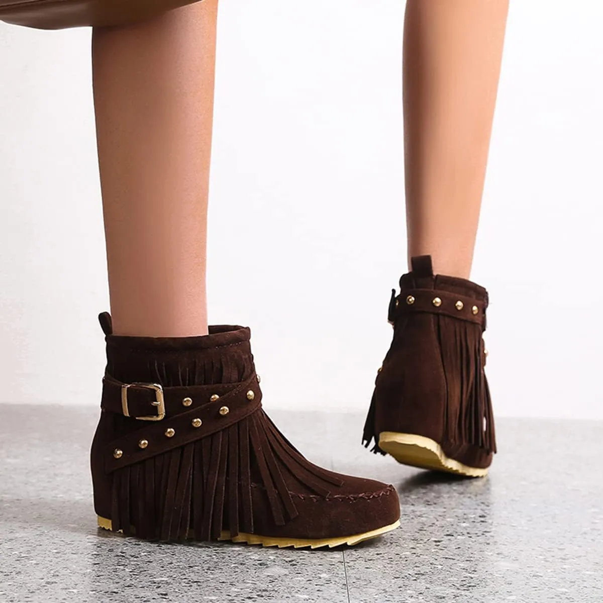 Roimaash Classic Fringe Moccasin Boots Ankle High Women Low Heel Booties