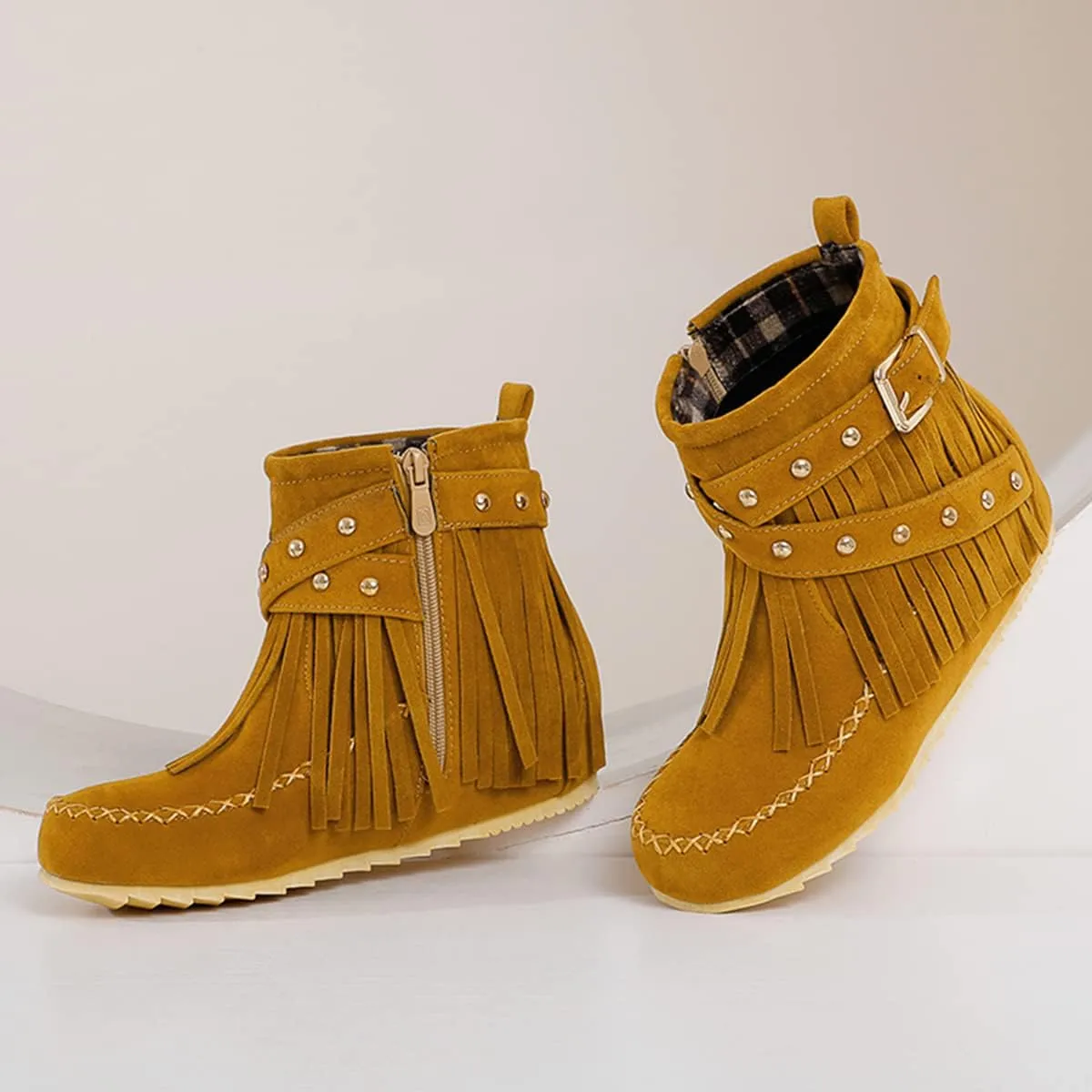Roimaash Classic Fringe Moccasin Boots Ankle High Women Low Heel Booties