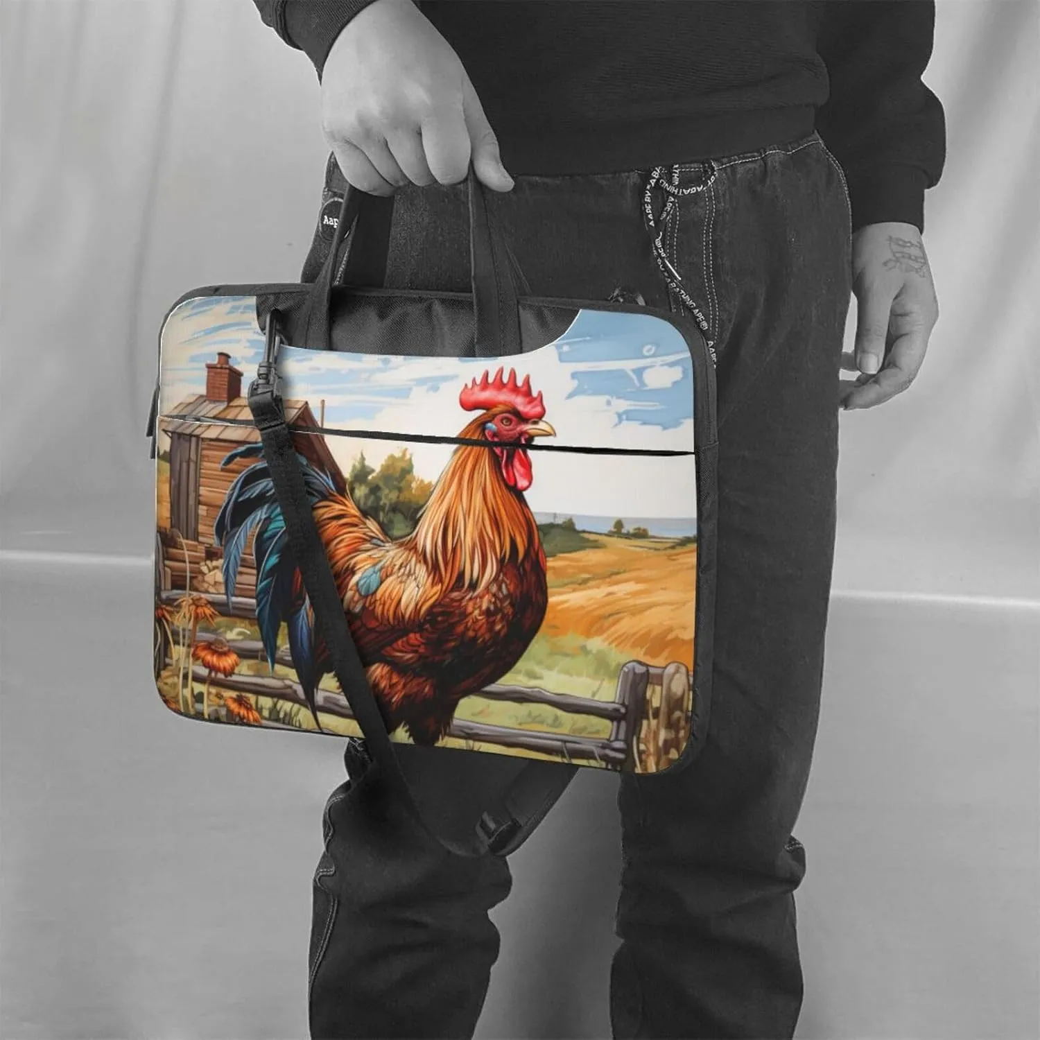 Rooster on Wood in Farmland Print Practical Laptop Case Laptop Bag - Stylish Messenger Bag & Laptop Shoulder Bag