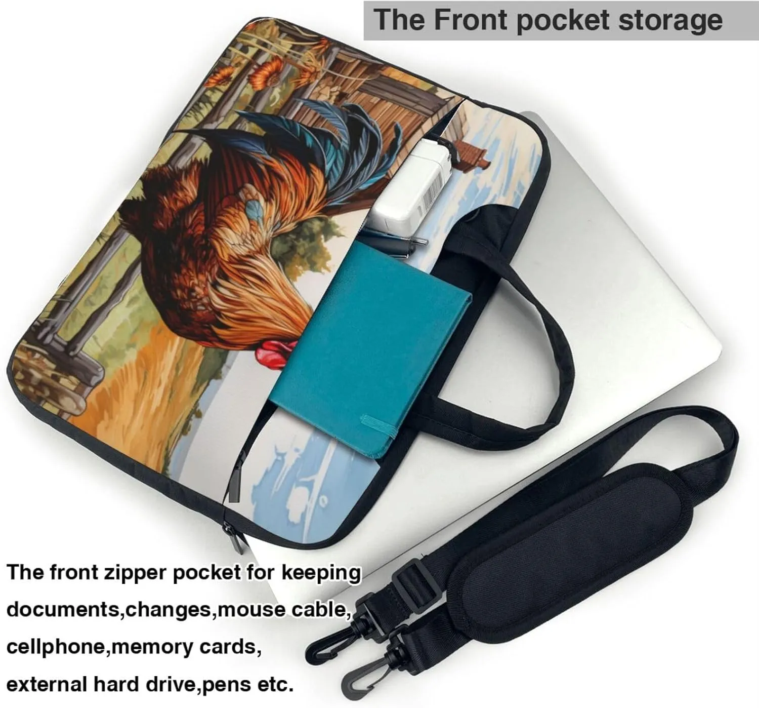 Rooster on Wood in Farmland Print Practical Laptop Case Laptop Bag - Stylish Messenger Bag & Laptop Shoulder Bag
