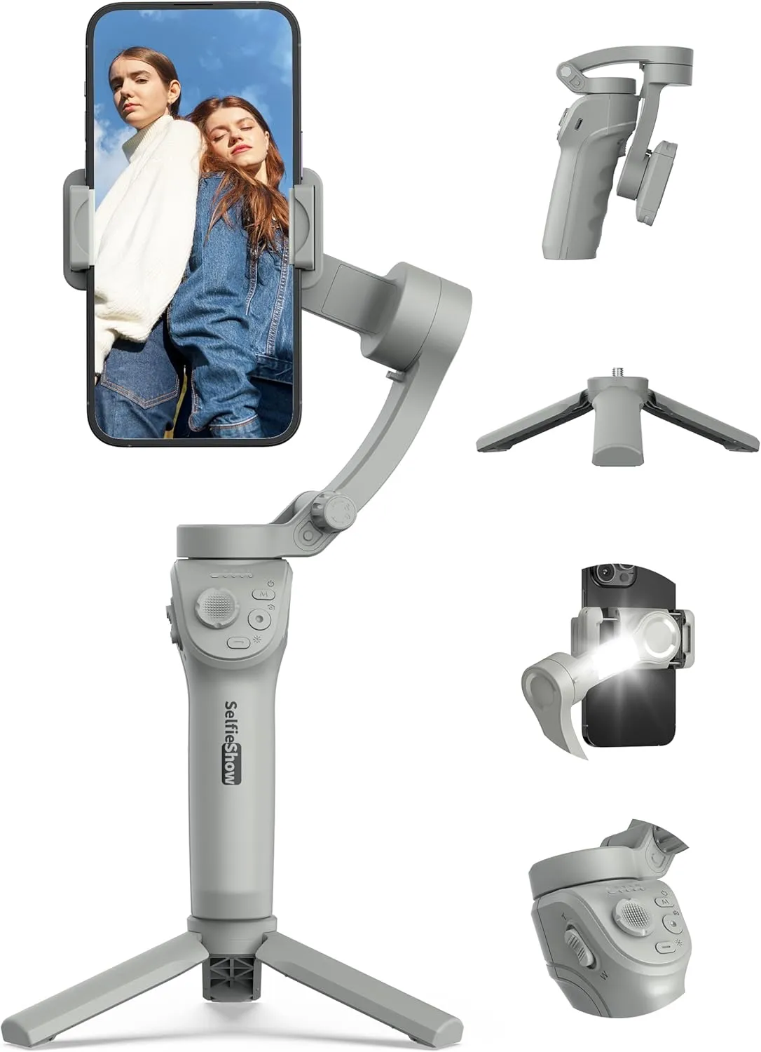 SelfieShow 3-Axis Smartphone Gimbal Stabilizer, Face/Object Tracking, Portable & Foldable, Compatible with iPhone 15/14/13/12, Samsung Galaxy & Huawei, Gray