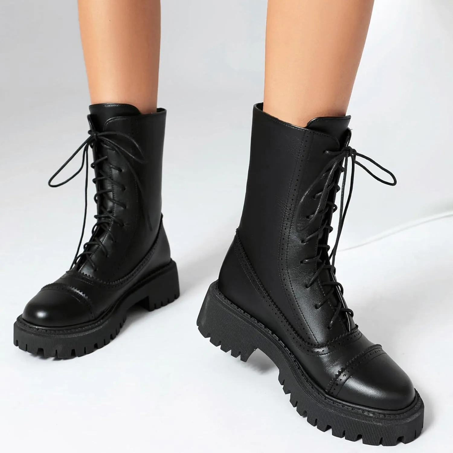 SHEMEE Women's Chunky Low Heels Ankle Boots Comfort Round Square Toe Lace Up Combat Boots Flats British Motorcycle Biker Boots