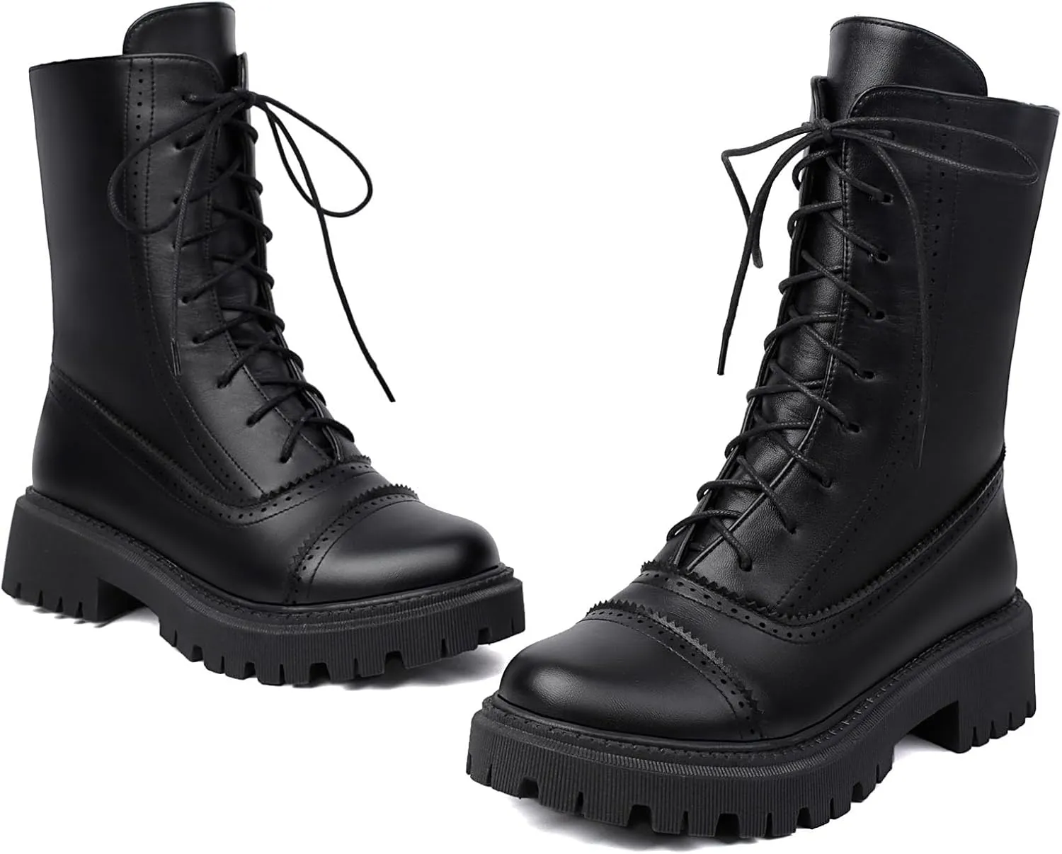 SHEMEE Women's Chunky Low Heels Ankle Boots Comfort Round Square Toe Lace Up Combat Boots Flats British Motorcycle Biker Boots