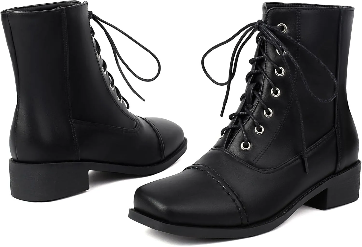 SHEMEE Women's Chunky Low Heels Ankle Boots Comfort Round Square Toe Lace Up Combat Boots Flats British Motorcycle Biker Boots