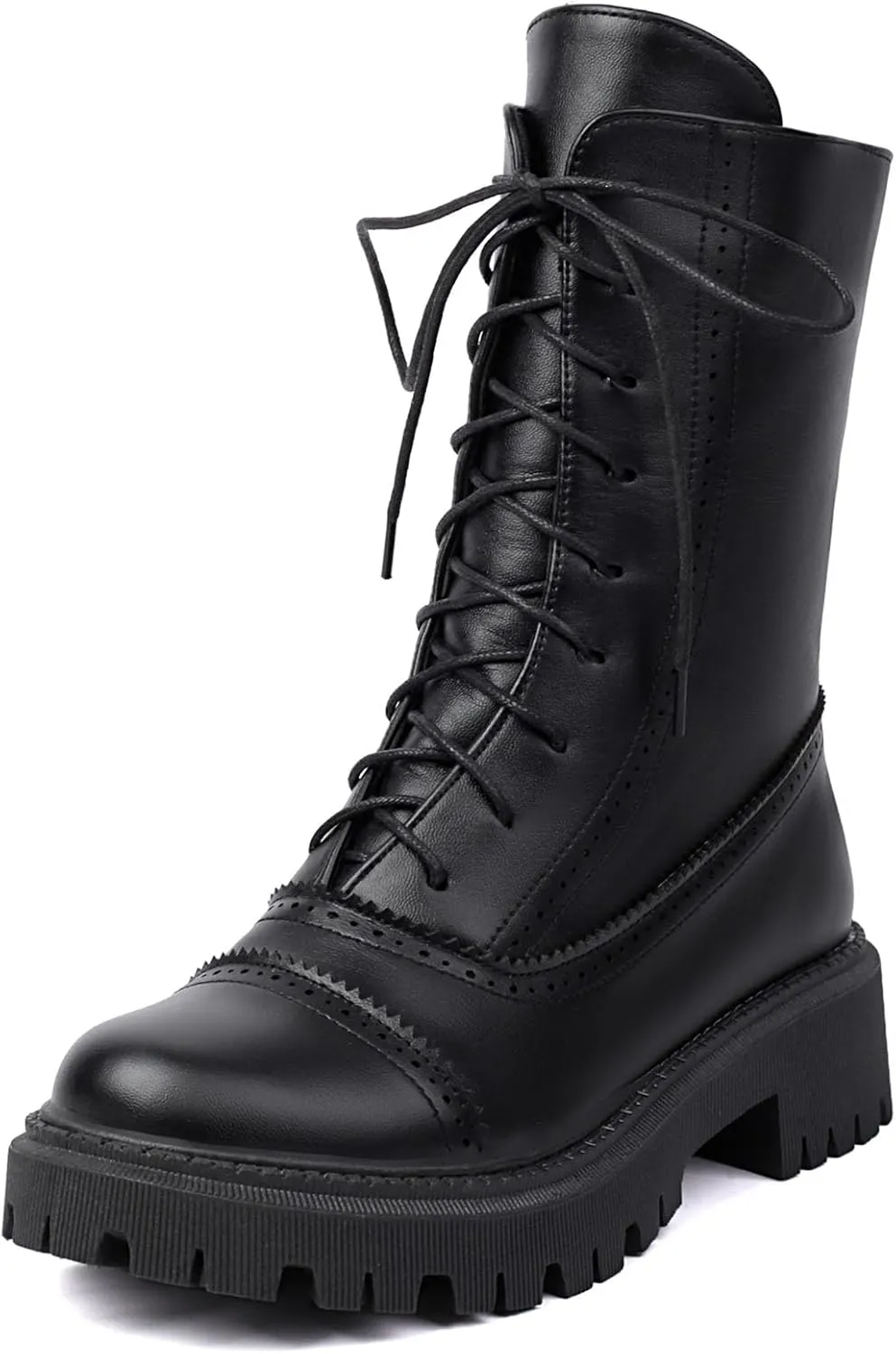 SHEMEE Women's Chunky Low Heels Ankle Boots Comfort Round Square Toe Lace Up Combat Boots Flats British Motorcycle Biker Boots