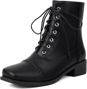 SHEMEE Women's Chunky Low Heels Ankle Boots Comfort Round Square Toe Lace Up Combat Boots Flats British Motorcycle Biker Boots