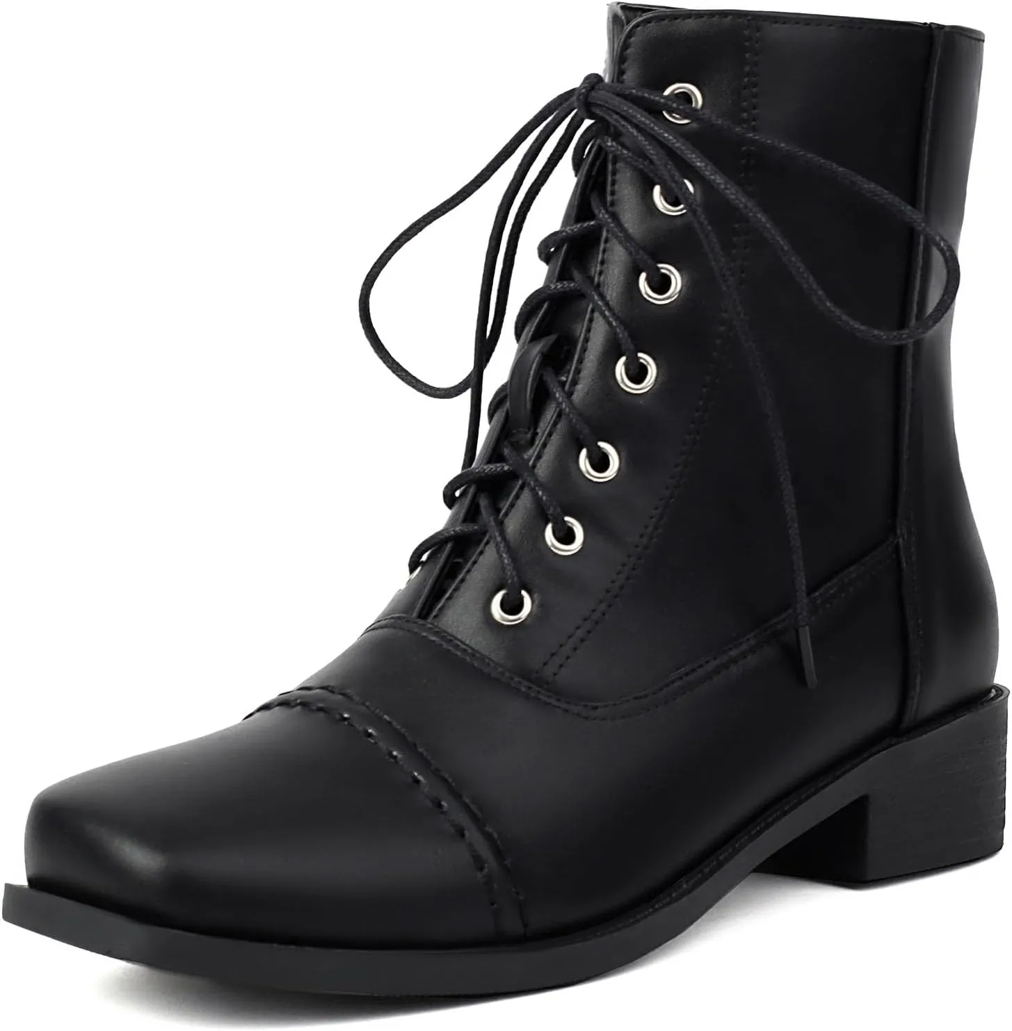 SHEMEE Women's Chunky Low Heels Ankle Boots Comfort Round Square Toe Lace Up Combat Boots Flats British Motorcycle Biker Boots