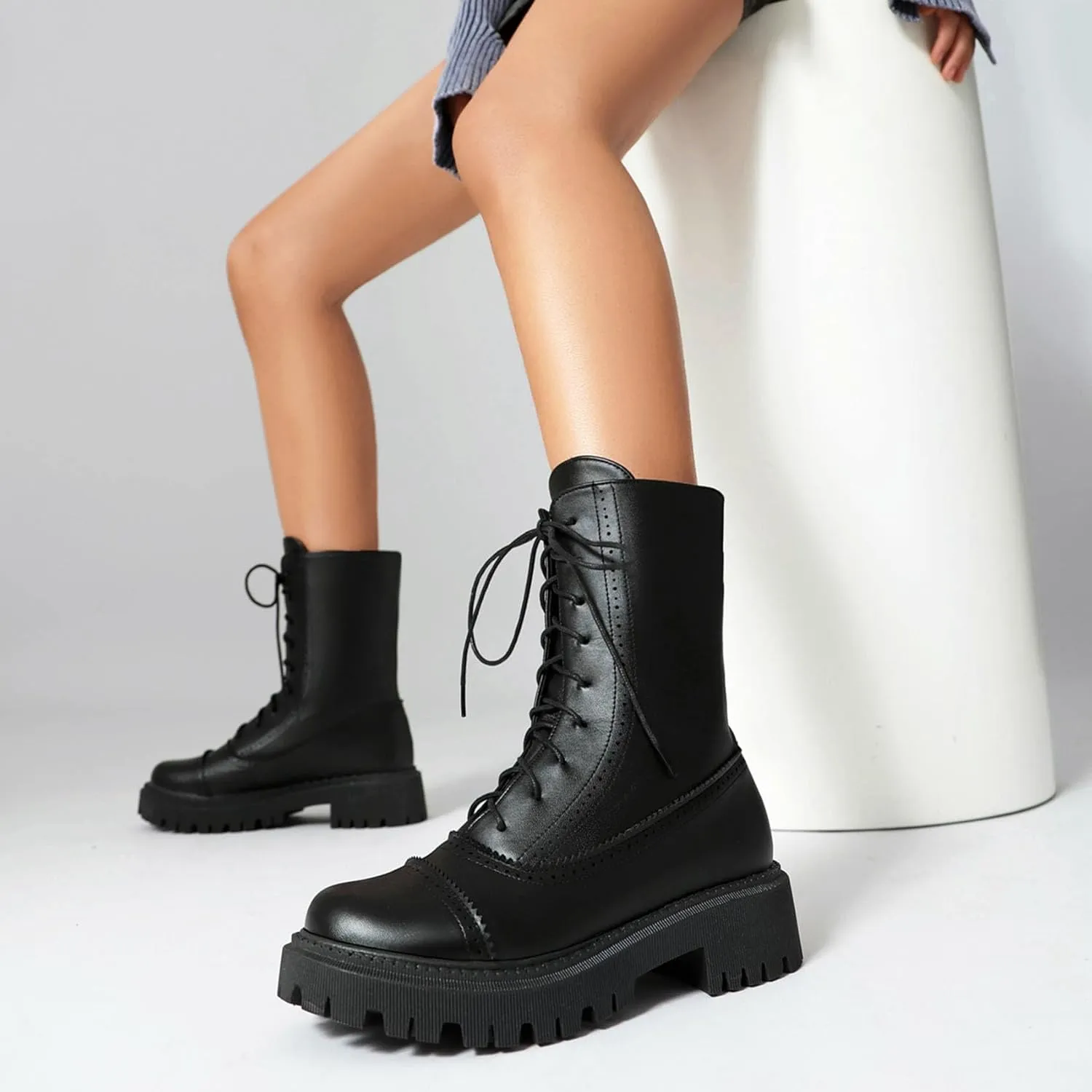 SHEMEE Women's Chunky Low Heels Ankle Boots Comfort Round Square Toe Lace Up Combat Boots Flats British Motorcycle Biker Boots