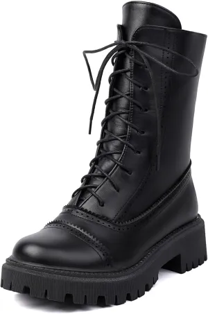 SHEMEE Women's Chunky Low Heels Ankle Boots Comfort Round Square Toe Lace Up Combat Boots Flats British Motorcycle Biker Boots