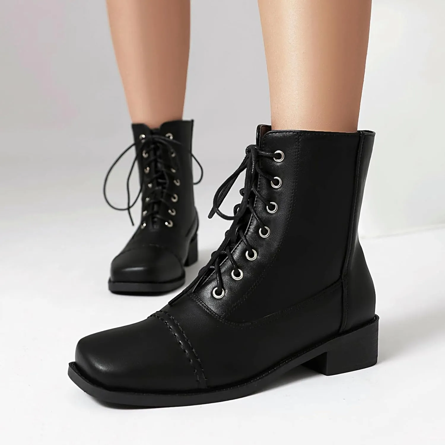SHEMEE Women's Chunky Low Heels Ankle Boots Comfort Round Square Toe Lace Up Combat Boots Flats British Motorcycle Biker Boots