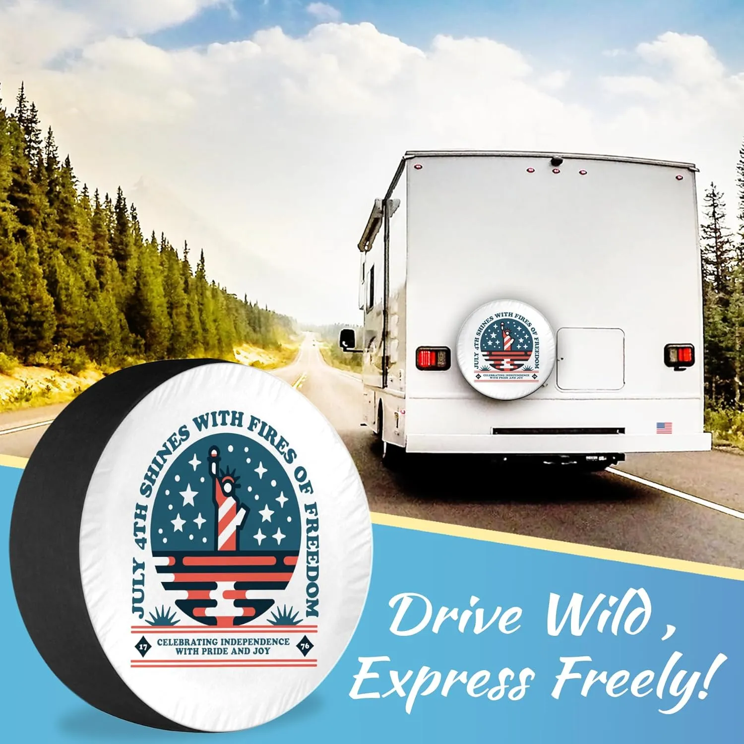 Shines with Fires of Freedom Spare Tire Cover – Oxford Fabric Camper Van Accessories with Weatherproof, UV-Resistant Protection for RVs, SUV Wilderness Journey - 14 Inch