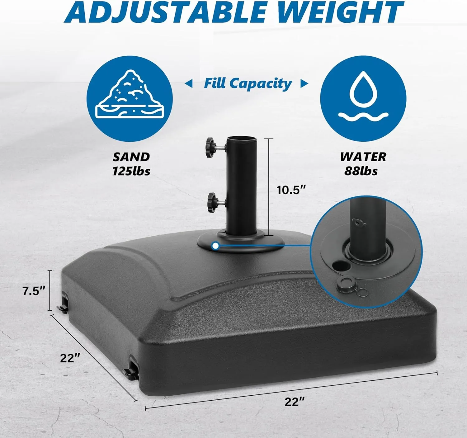 Simple Deluxe 125lb Capacity Fillable Mobile Patio Umbrella Base with 4 Wheels, 2 Locks, 2 Knobs, Black