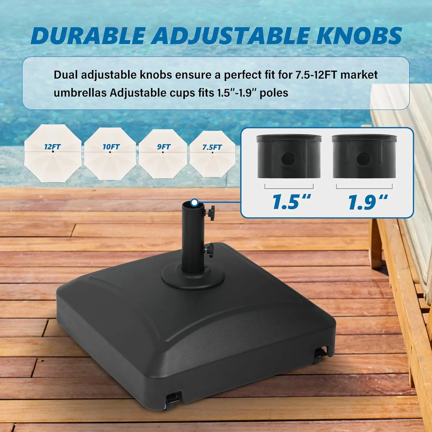 Simple Deluxe 125lb Capacity Fillable Mobile Patio Umbrella Base with 4 Wheels, 2 Locks, 2 Knobs, Black