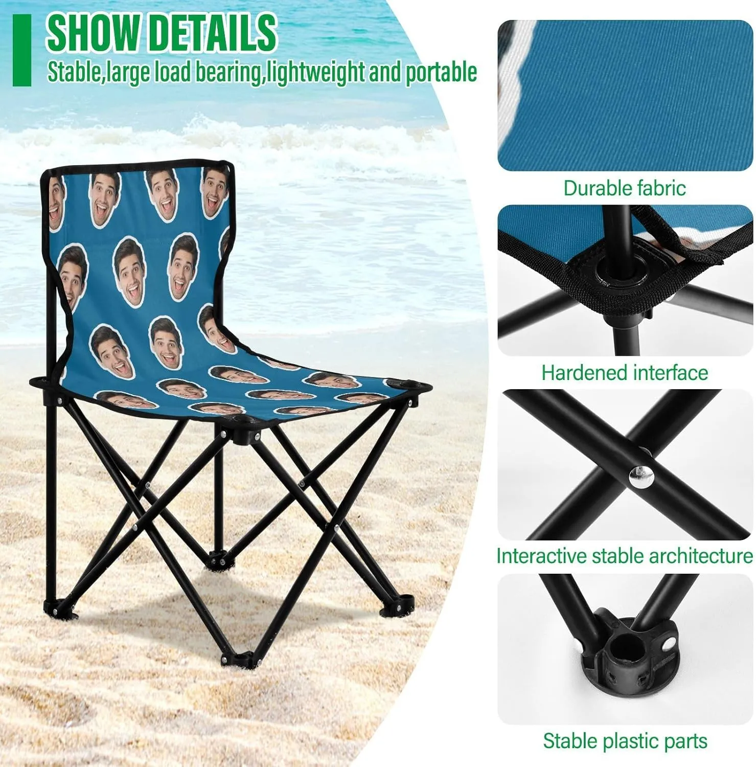 Sinestour Ice Blue Custom Folding Camping Chair Personalized Photo Face Outdoor Chair with Carry Bag for Barbeques Picnic Travel