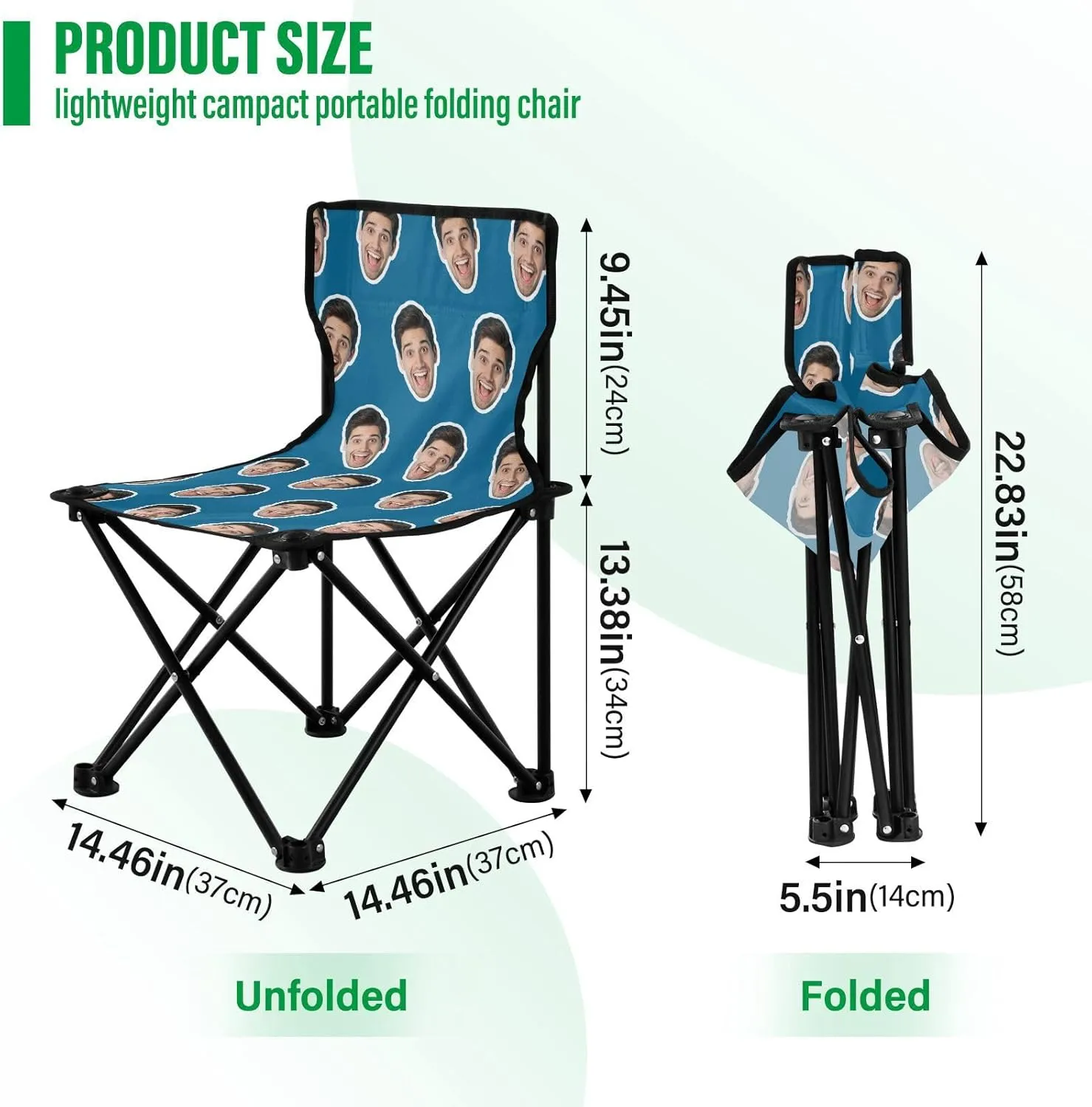Sinestour Ice Blue Custom Folding Camping Chair Personalized Photo Face Outdoor Chair with Carry Bag for Barbeques Picnic Travel