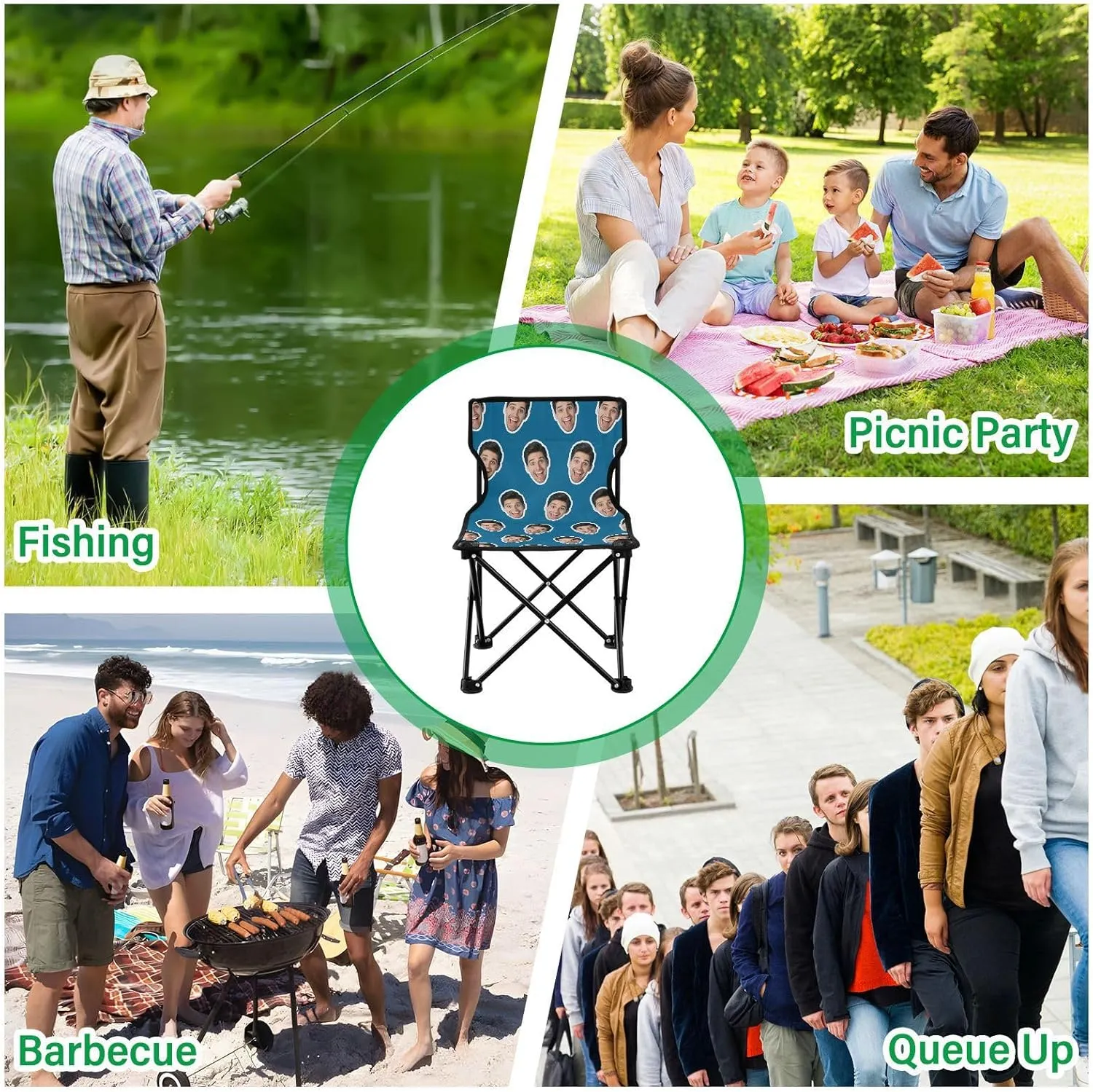 Sinestour Ice Blue Custom Folding Camping Chair Personalized Photo Face Outdoor Chair with Carry Bag for Barbeques Picnic Travel