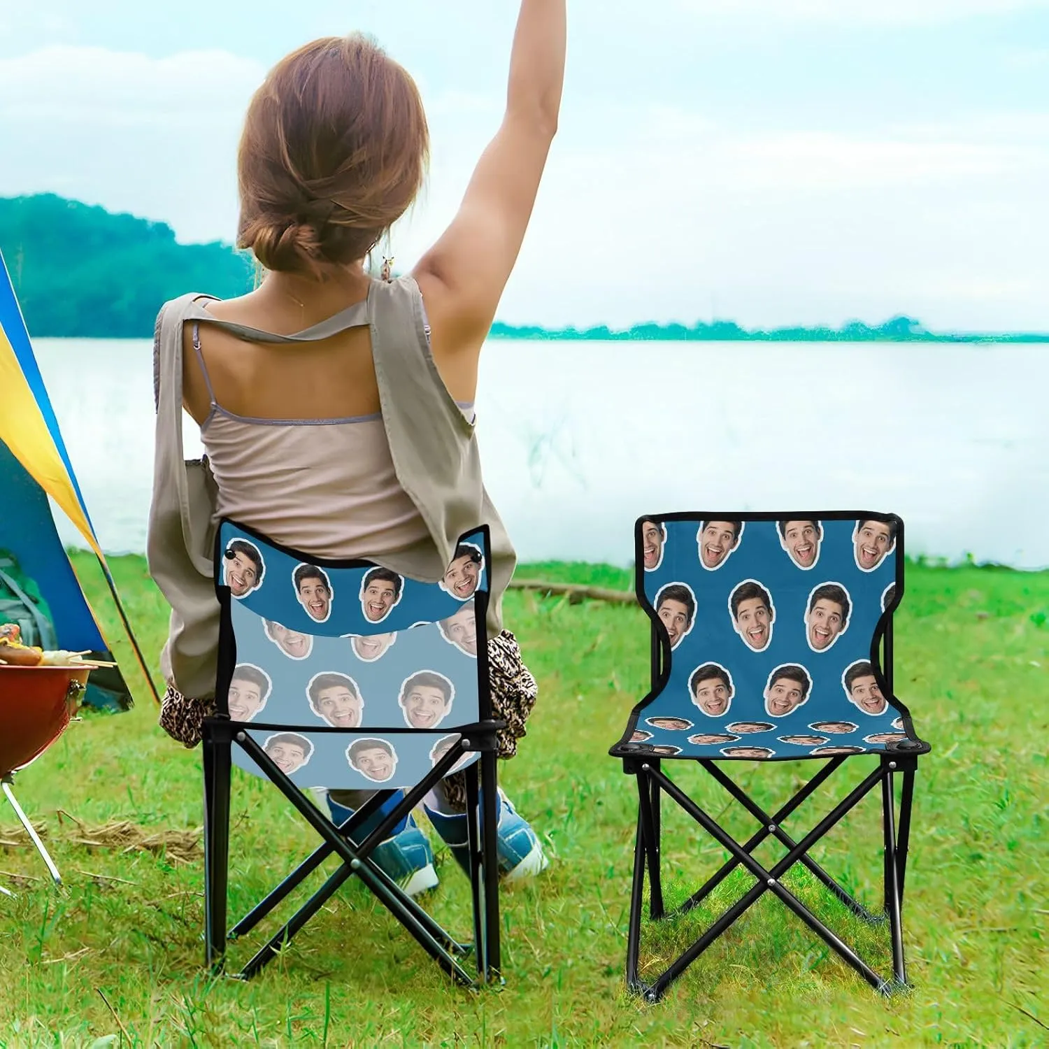 Sinestour Ice Blue Custom Folding Camping Chair Personalized Photo Face Outdoor Chair with Carry Bag for Barbeques Picnic Travel