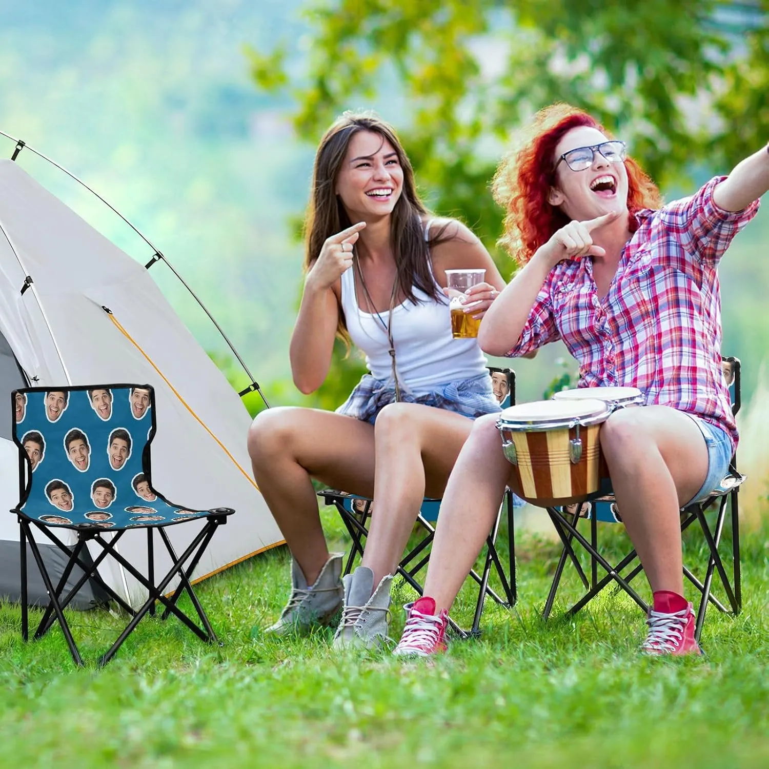 Sinestour Ice Blue Custom Folding Camping Chair Personalized Photo Face Outdoor Chair with Carry Bag for Barbeques Picnic Travel