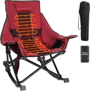 Slendor Oversized Rocking Camping Chair, XL Heated Camping Chair w/ 3 Levels Heat for Back Seat, Padded Rocking Lawn Chair with 20000 mAh Power Bank, Pillow, Side Pocket, Carry Bag, Wine Red