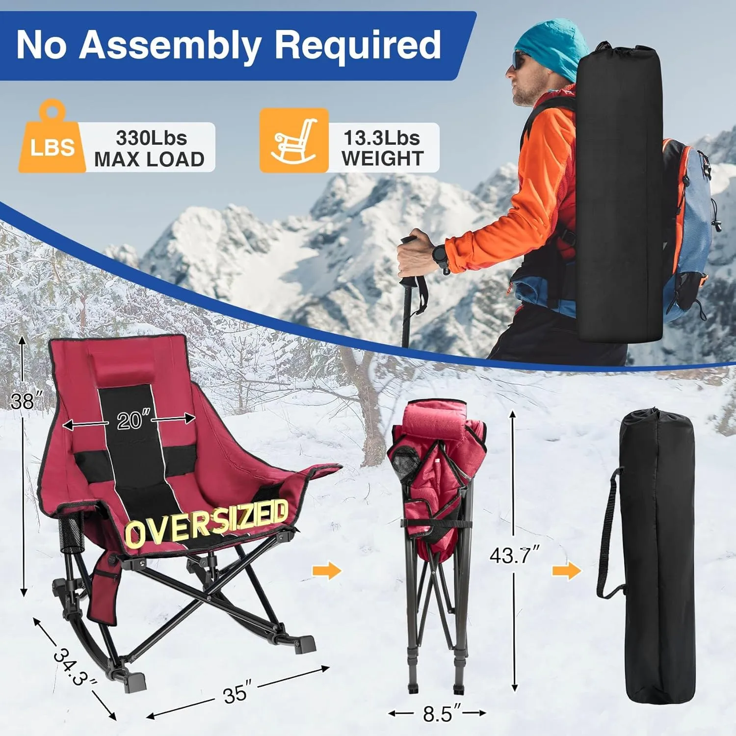 Slendor Oversized Rocking Camping Chair, XL Heated Camping Chair w/ 3 Levels Heat for Back Seat, Padded Rocking Lawn Chair with 20000 mAh Power Bank, Pillow, Side Pocket, Carry Bag, Wine Red