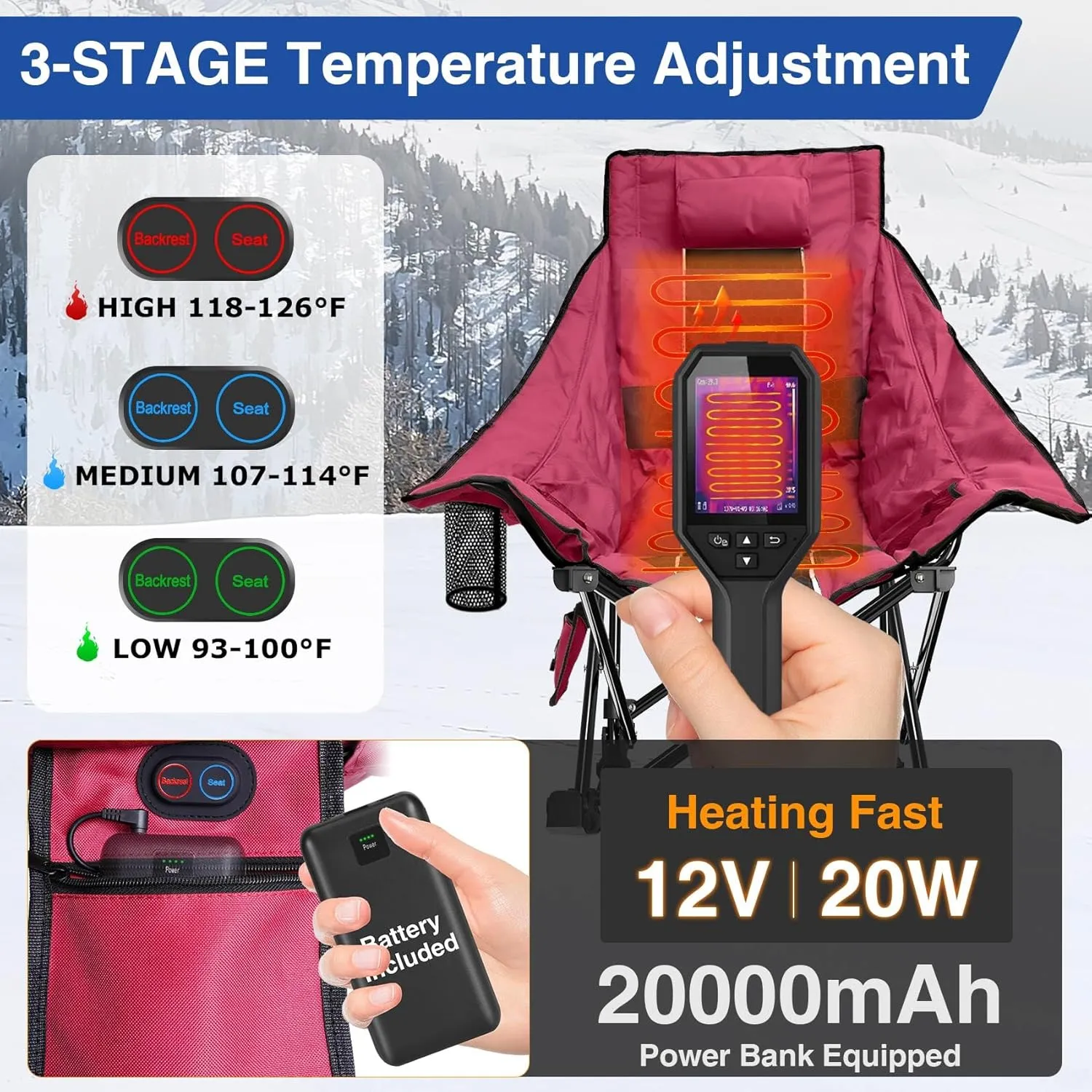 Slendor Oversized Rocking Camping Chair, XL Heated Camping Chair w/ 3 Levels Heat for Back Seat, Padded Rocking Lawn Chair with 20000 mAh Power Bank, Pillow, Side Pocket, Carry Bag, Wine Red