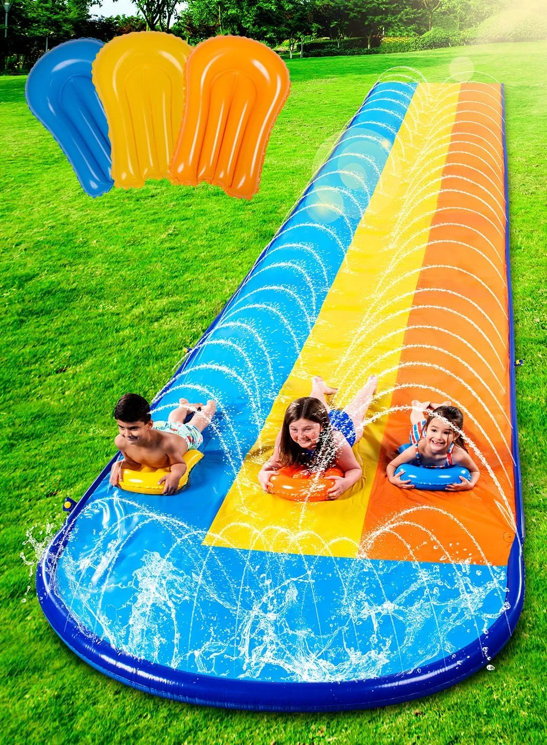 Sloosh Triple Water Slide with 3 BodyBoards, 18FT Lawn Water Splash Slip and Slide Summer Toy Splash Pad with Build in Advanced Sprinkler for Kids Adults Backyard Summer Water Fun