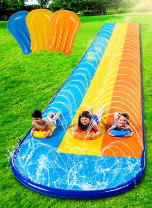 Sloosh Triple Water Slide with 3 BodyBoards, 18FT Lawn Water Splash Slip and Slide Summer Toy Splash Pad with Build in Advanced Sprinkler for Kids Adults Backyard Summer Water Fun