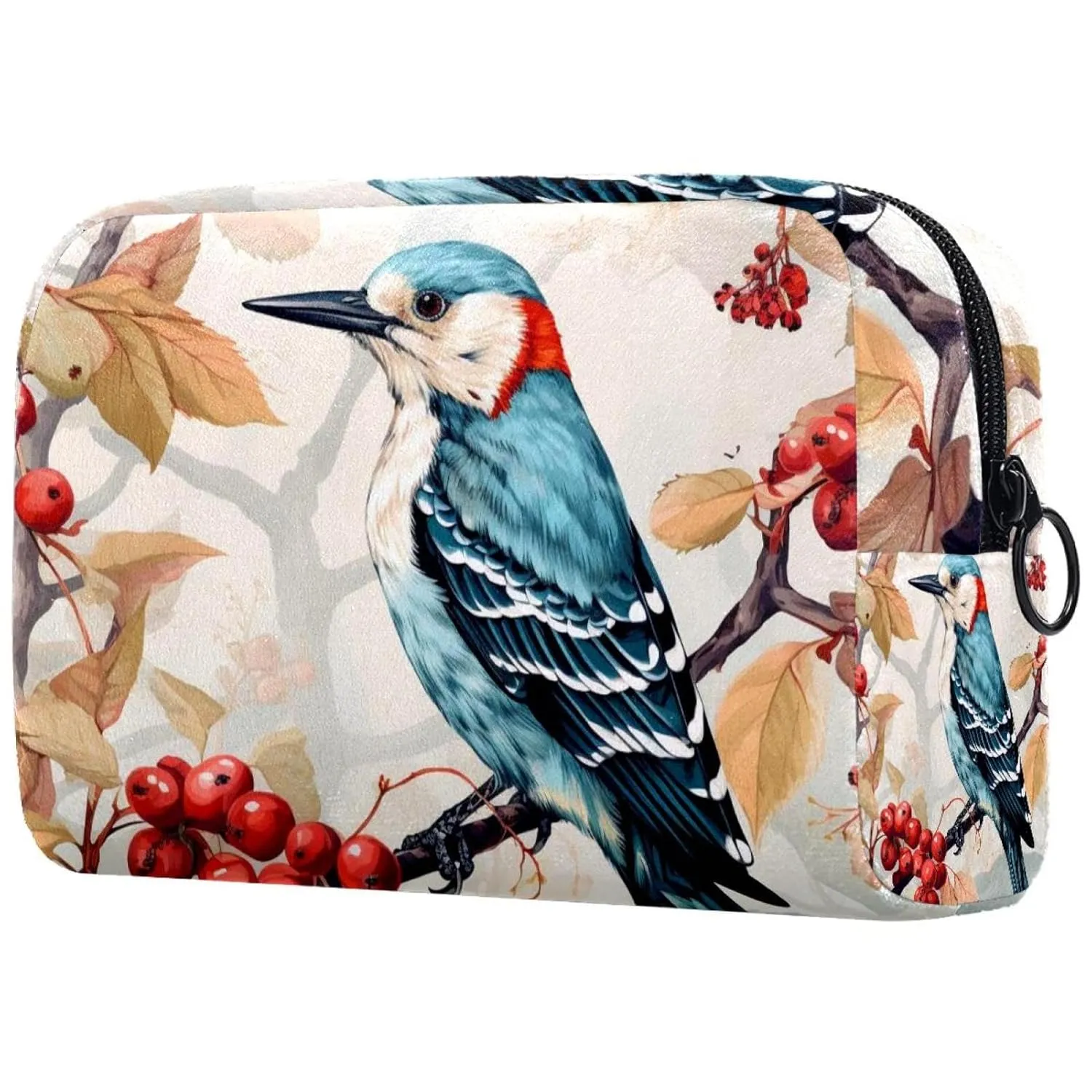 Small Makeup Bag Pouch for Purse, Travel Cosmetic Bag, Portable Toiletry Bag for Women Girls Gifts - Woodpecker Bird on Red Berries Branch