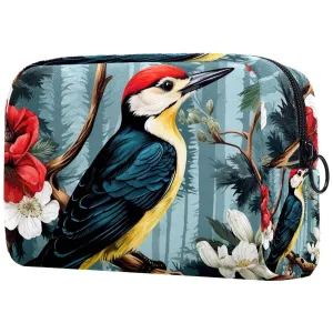 Small Makeup Bag Pouch for Purse, Travel Cosmetic Bag, Portable Toiletry Bag for Women Girls Gifts - Woodpecker Bird on Red Berries Branch
