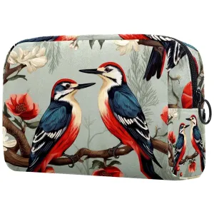 Small Makeup Bag Pouch for Purse, Travel Cosmetic Bag, Portable Toiletry Bag for Women Girls Gifts - Woodpecker Bird on Red Berries Branch