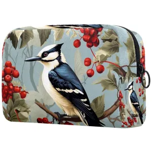 Small Makeup Bag Pouch for Purse, Travel Cosmetic Bag, Portable Toiletry Bag for Women Girls Gifts - Woodpecker Bird on Red Berries Branch
