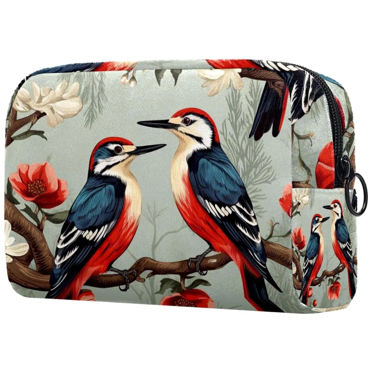 Small Makeup Bag Pouch for Purse, Travel Cosmetic Bag, Portable Toiletry Bag for Women Girls Gifts - Woodpecker Bird on Red Berries Branch