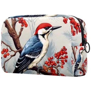 Small Makeup Bag Pouch for Purse, Travel Cosmetic Bag, Portable Toiletry Bag for Women Girls Gifts - Woodpecker Bird on Red Berries Branch