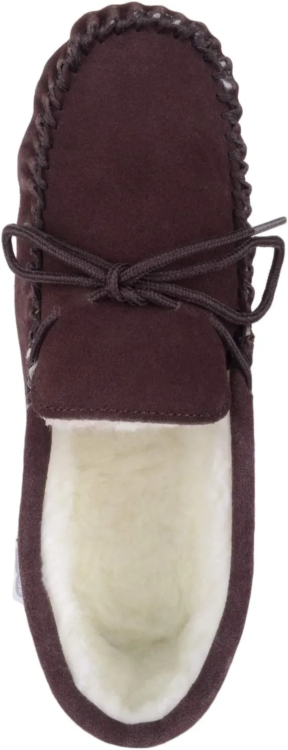 SNUGRUGS Womens Dark Brown Wool Lined Moccasin Slippers with Suede Sole.