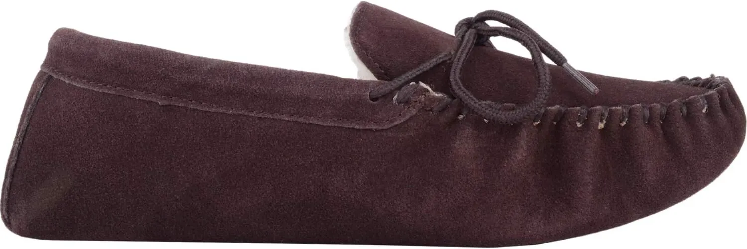 SNUGRUGS Womens Dark Brown Wool Lined Moccasin Slippers with Suede Sole.
