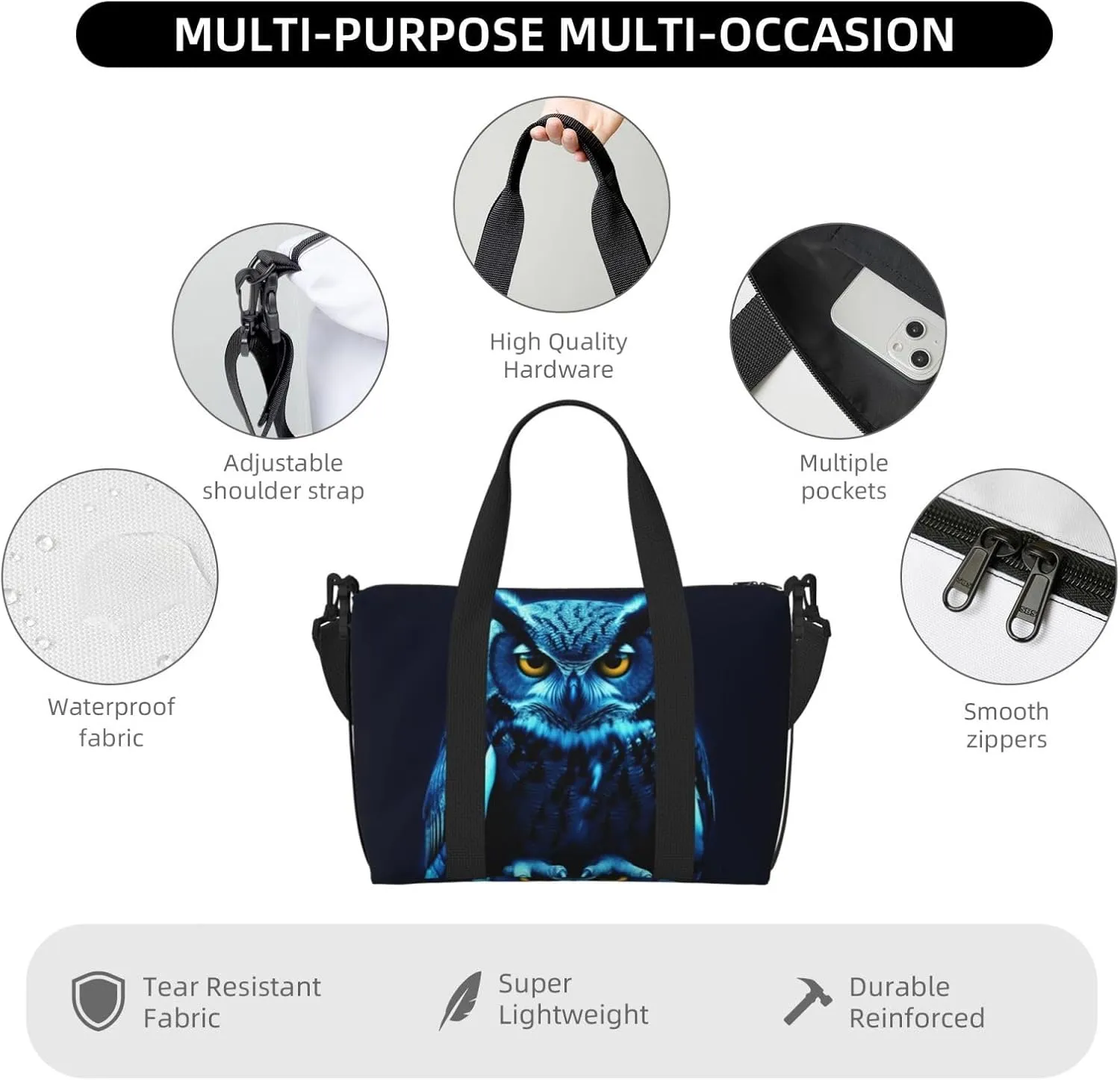 Sports Gym Bag for Women Men Travel Duffel Bag Tote Blue Owl Weekender Bag Canvas Carry on Overnight Bag for Travel Swimming Fitness Workout Sports Duffle Bag