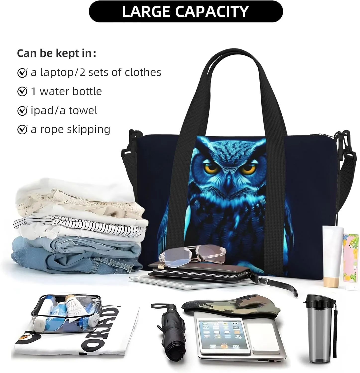 Sports Gym Bag for Women Men Travel Duffel Bag Tote Blue Owl Weekender Bag Canvas Carry on Overnight Bag for Travel Swimming Fitness Workout Sports Duffle Bag