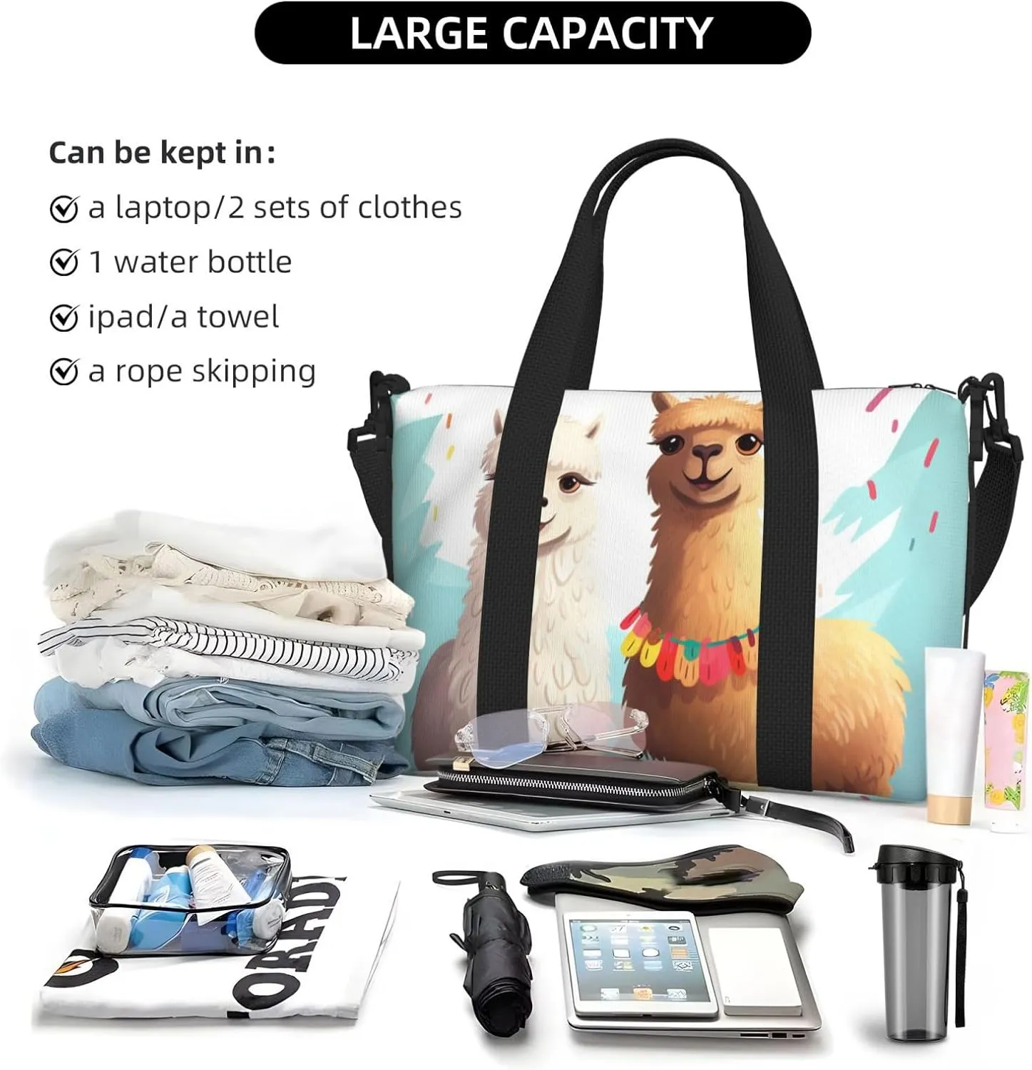 Sports Gym Bag for Women Men Travel Duffel Bag Tote Llama Alpaca Weekender Bag Canvas Carry on Overnight Bag for Travel Swimming Fitness Workout Sports Duffle Bag