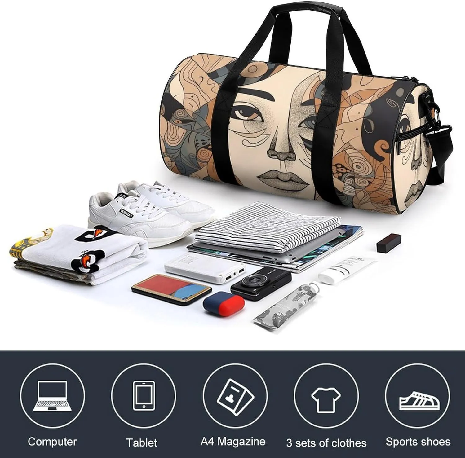 Sports Gym Bag for Women Men Travel Duffel Bag Tote Weekender Bag Female Face Carry on Overnight Bag for Travel Swimming Fitness Workout Sports Duffle Bag