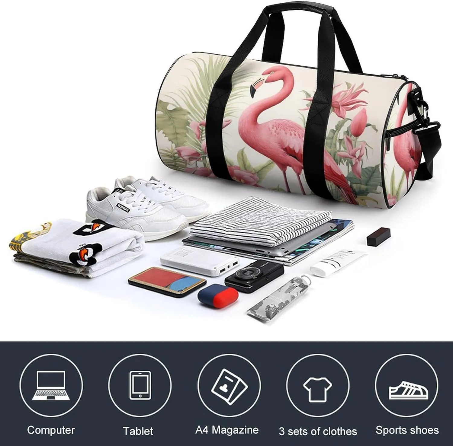 Sports Gym Bag for Women Men Travel Duffel Bag Tote Weekender Bag Flamingo And Leaves Carry on Overnight Bag for Travel Swimming Fitness Workout Sports Duffle Bag