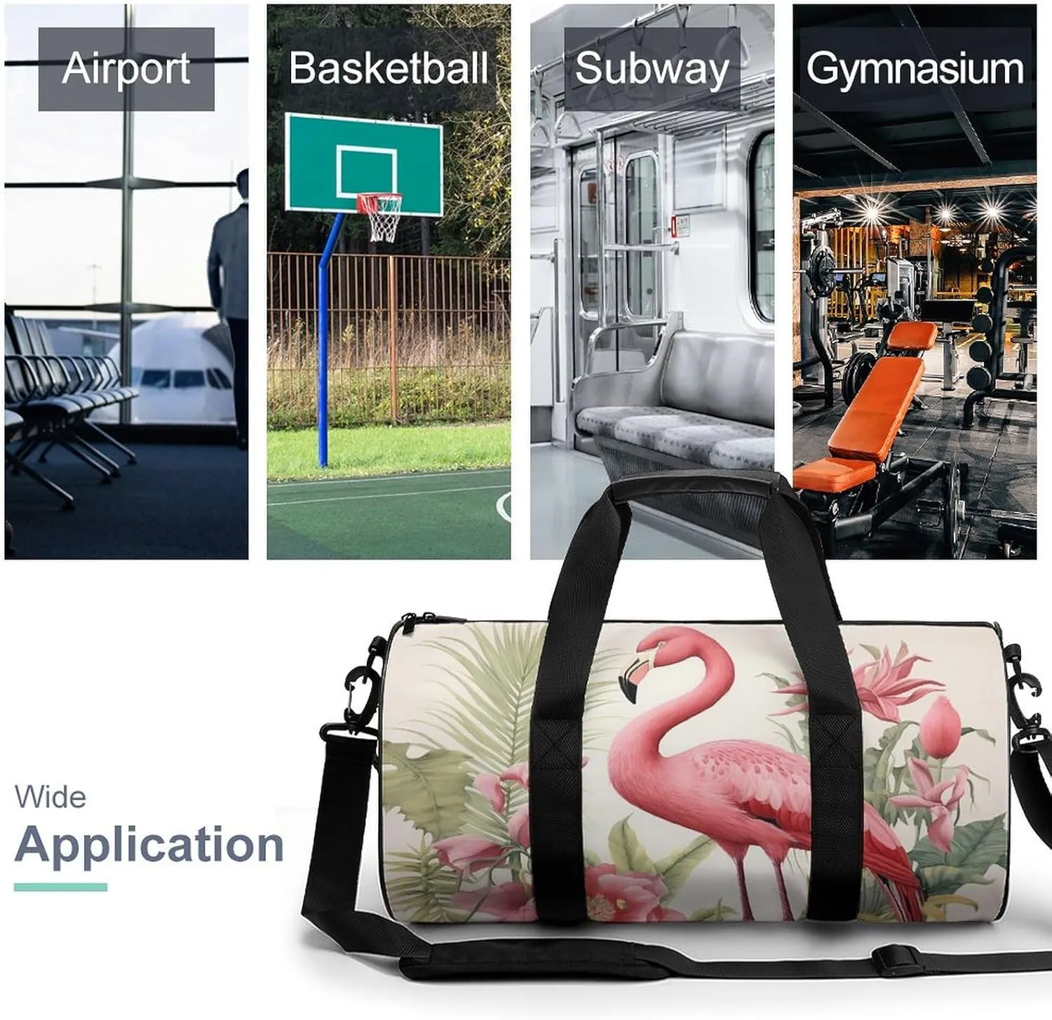 Sports Gym Bag for Women Men Travel Duffel Bag Tote Weekender Bag Flamingo And Leaves Carry on Overnight Bag for Travel Swimming Fitness Workout Sports Duffle Bag