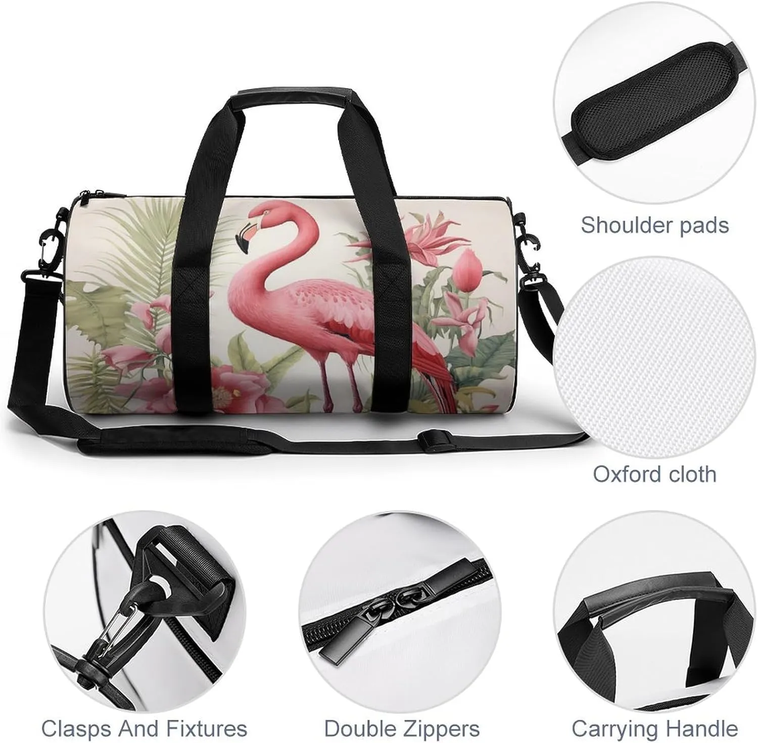Sports Gym Bag for Women Men Travel Duffel Bag Tote Weekender Bag Flamingo And Leaves Carry on Overnight Bag for Travel Swimming Fitness Workout Sports Duffle Bag