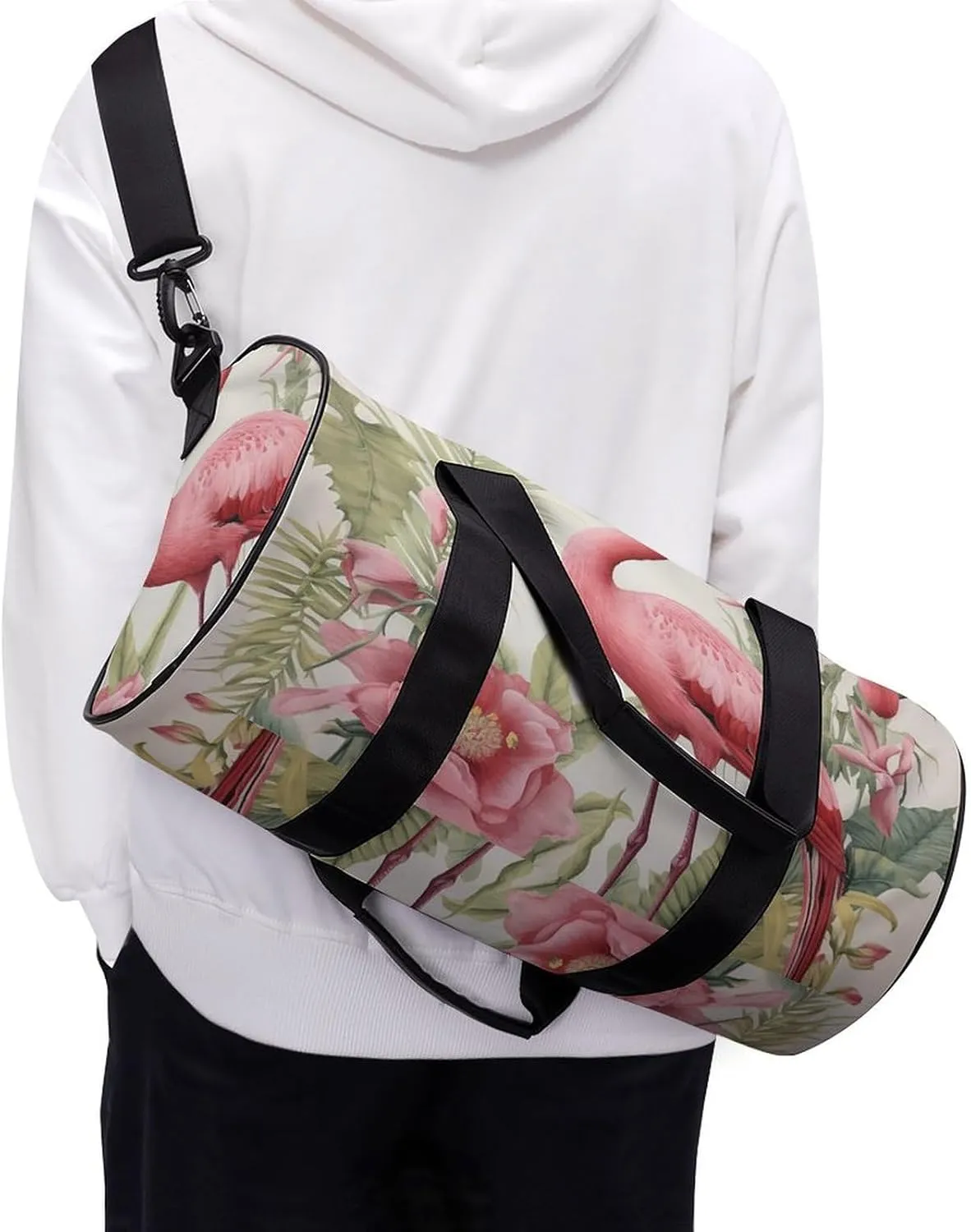 Sports Gym Bag for Women Men Travel Duffel Bag Tote Weekender Bag Flamingo And Leaves Carry on Overnight Bag for Travel Swimming Fitness Workout Sports Duffle Bag